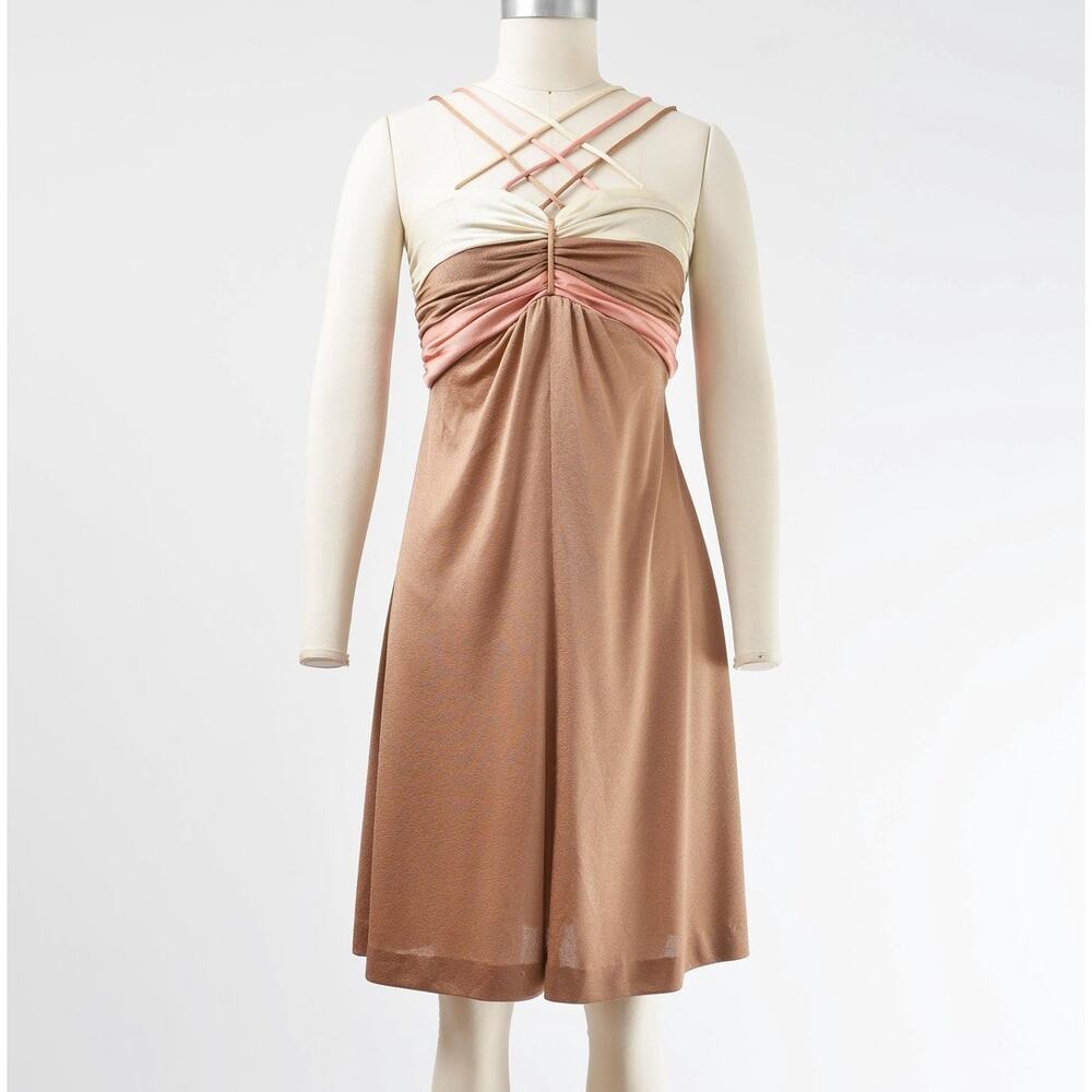 Vintage 70s Neapolitan Disco Strappy Caged Neckline Empire Waist Mini Dress XS